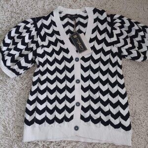 DG2 by Diane Gilman M Black White Chevron Puff Sleeve Knit Cardigan